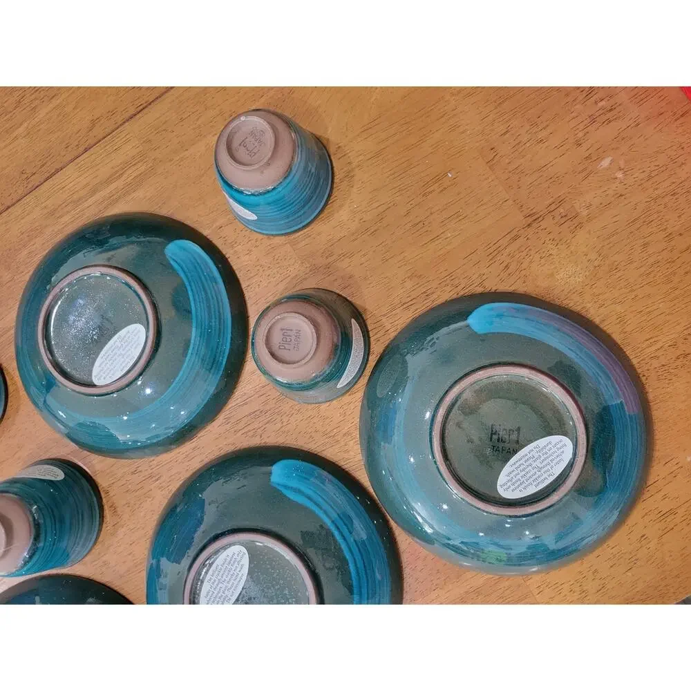 Pier 1 Japan Pottery‎ Dish Set Blue Crackle Glaze Plates Cups 4pc Set